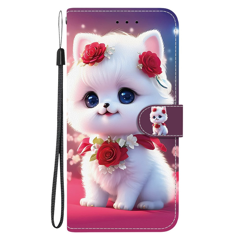 For iPhone 17 Pro Max Leather Case Stand Wallet Pattern Printing Phone Cover with Wrist Strap - Rose Cat