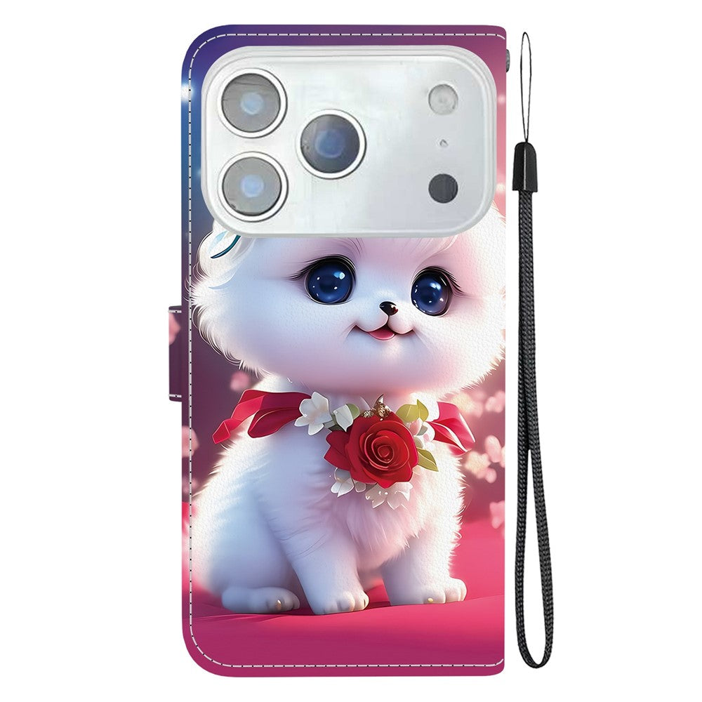 For iPhone 17 Pro Max Leather Case Stand Wallet Pattern Printing Phone Cover with Wrist Strap - Rose Cat