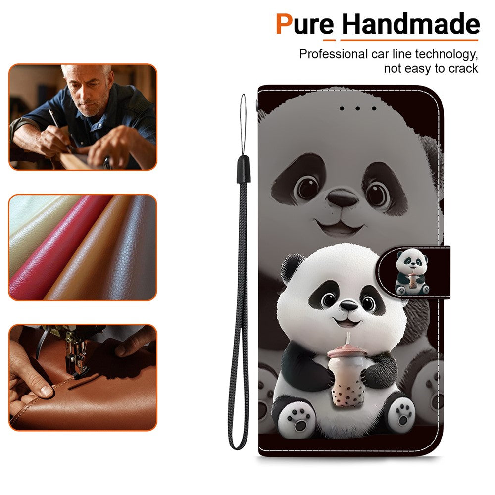 For iPhone 17 Pro Max Leather Case Stand Wallet Pattern Printing Phone Cover with Wrist Strap - Milk Tea Panda