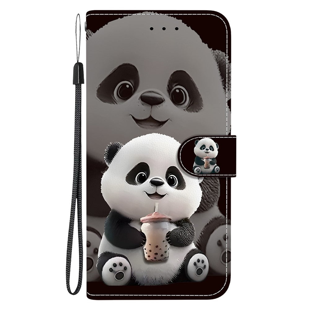 For iPhone 17 Pro Max Leather Case Stand Wallet Pattern Printing Phone Cover with Wrist Strap - Milk Tea Panda