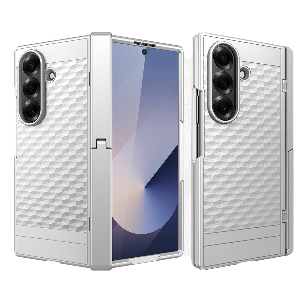 For Samsung Galaxy Z Fold7 5G Case Cube Pattern Magnetic Spring Hinge Kickstand PC Phone Cover with Screen Film - Silver