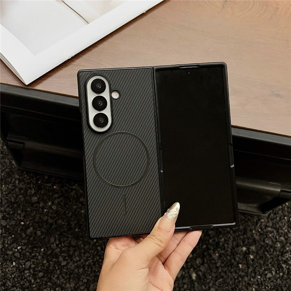 For Samsung Galaxy Z Fold7 5G Case Compatible with MagSafe Carbon Fiber Texture Folding Phone Cover - Black