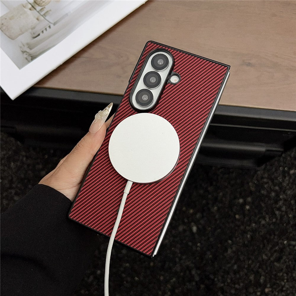 For Samsung Galaxy Z Fold7 5G Case Compatible with MagSafe Carbon Fiber Texture Folding Phone Cover - Red