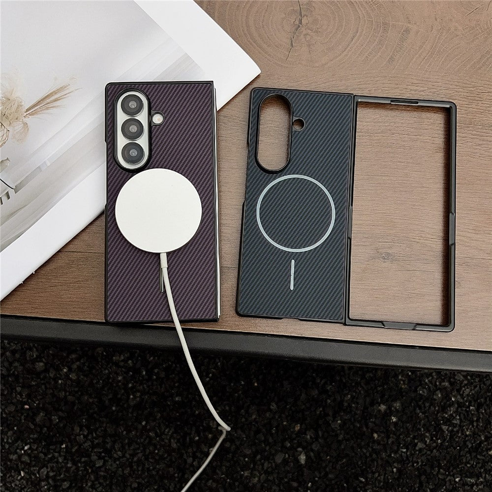 For Samsung Galaxy Z Fold7 5G Case Compatible with MagSafe Carbon Fiber Texture Folding Phone Cover - Purple