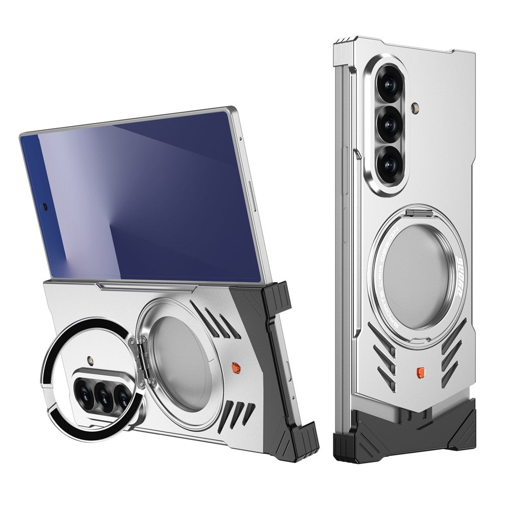 DYONG For Samsung Galaxy Z Fold7 5G Metal Case Frameless Hollow Heat Dissipation Phone Cover with Kickstand - Silver