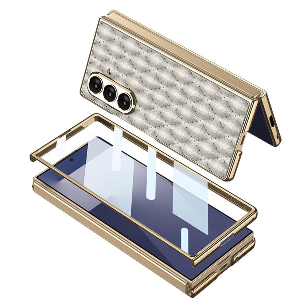 GKK For Samsung Galaxy Z Fold7 5G Case with Glass Film Rhomboid Design Electroplating PC + PU Phone Back Cover - Titanium Grey