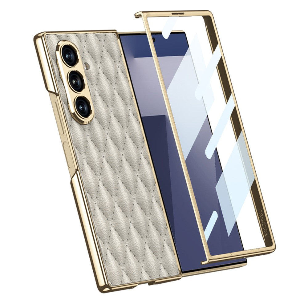 GKK For Samsung Galaxy Z Fold7 5G Case with Glass Film Rhomboid Design Electroplating PC + PU Phone Back Cover - Pink