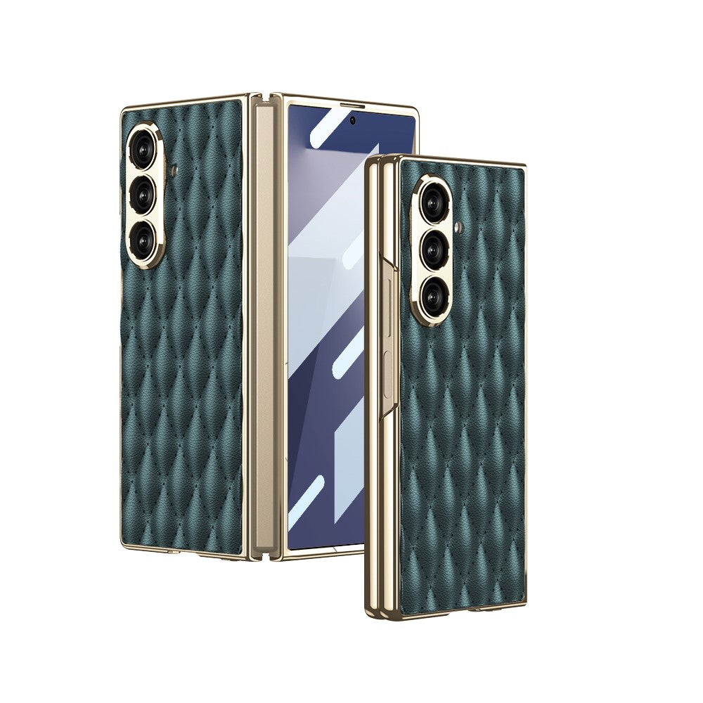 GKK For Samsung Galaxy Z Fold7 5G Case with Glass Film Rhomboid Design Electroplating PC + PU Phone Back Cover - Green