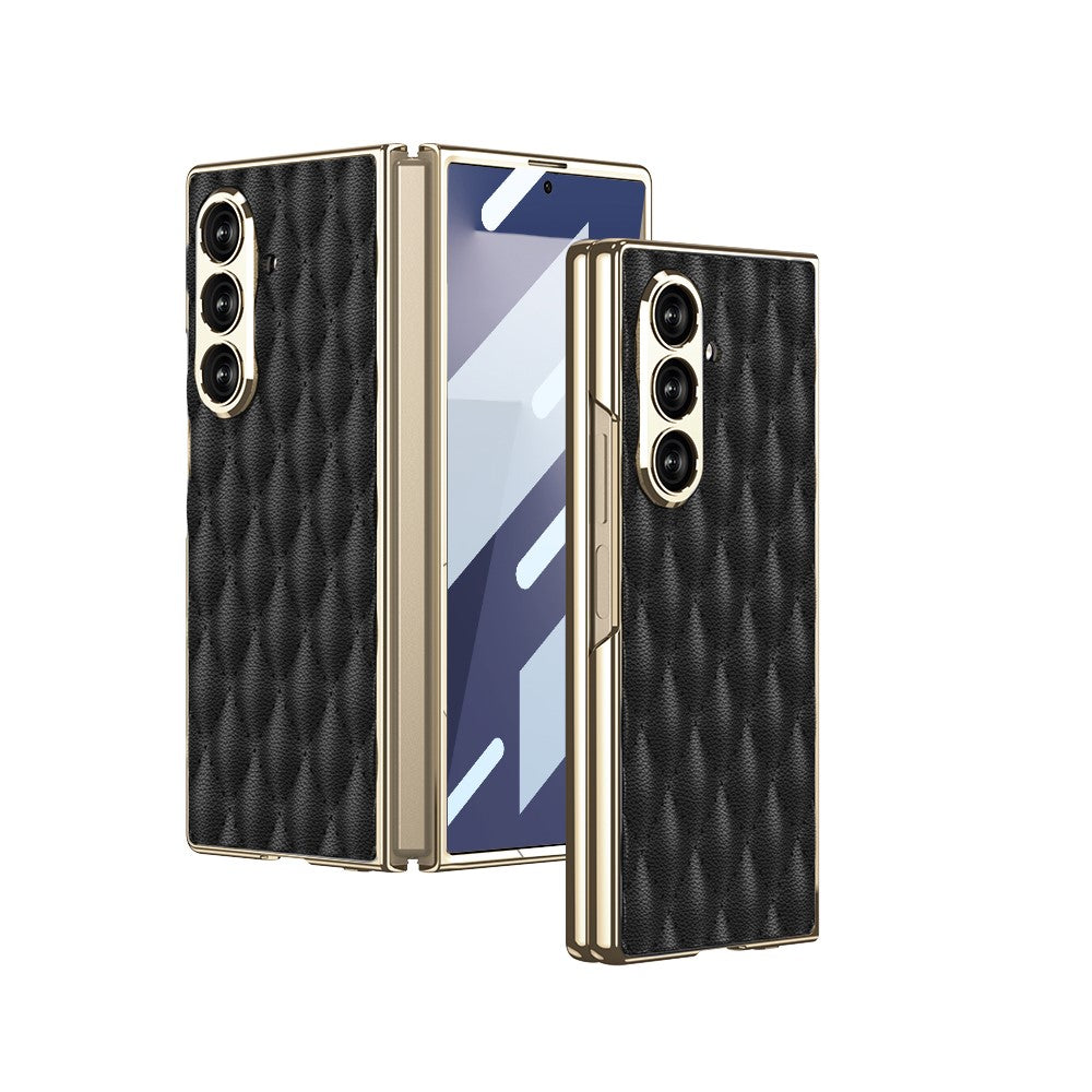 GKK For Samsung Galaxy Z Fold7 5G Case with Glass Film Rhomboid Design Electroplating PC + PU Phone Back Cover - Black