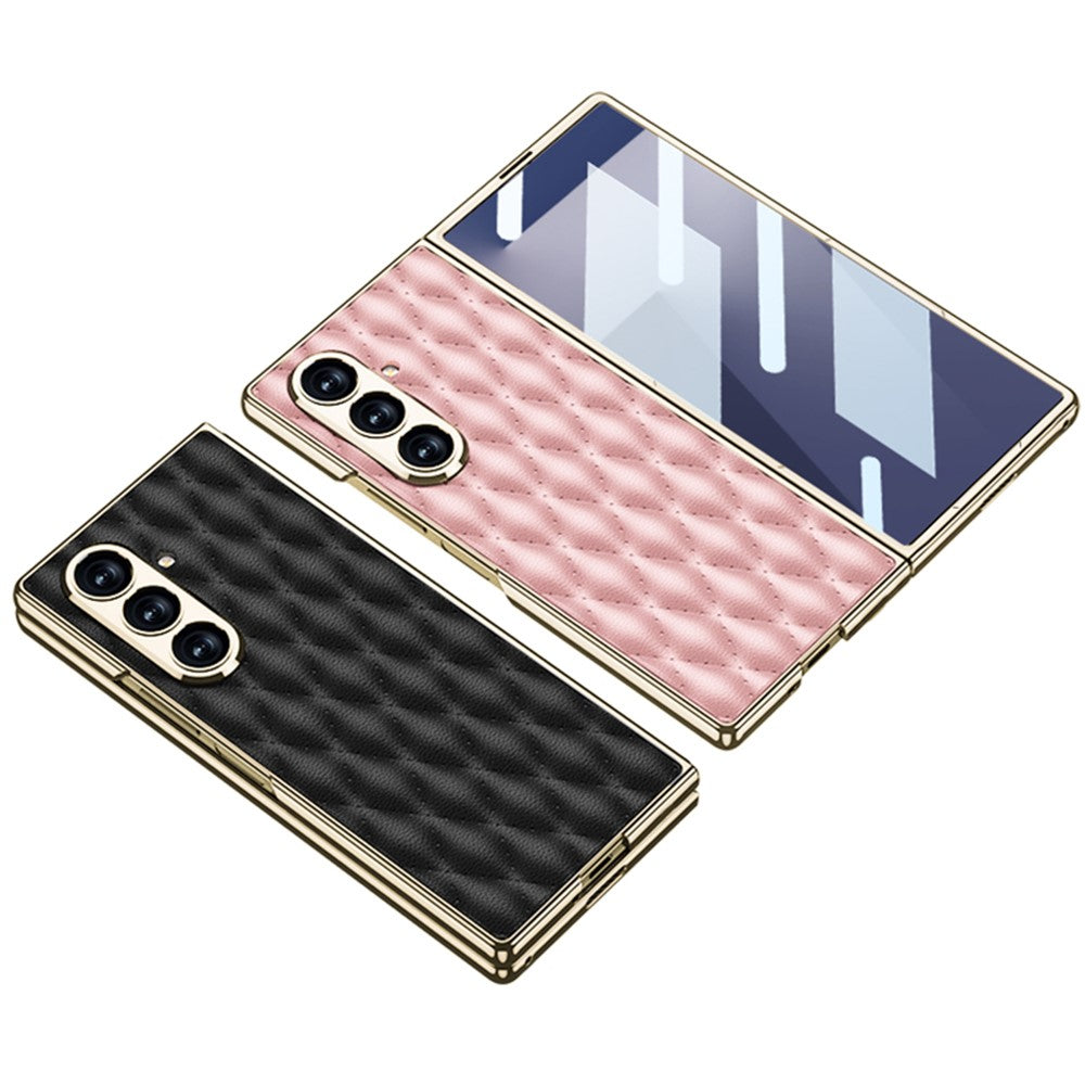 GKK For Samsung Galaxy Z Fold7 5G Case with Glass Film Rhomboid Design Electroplating PC + PU Phone Back Cover - Black