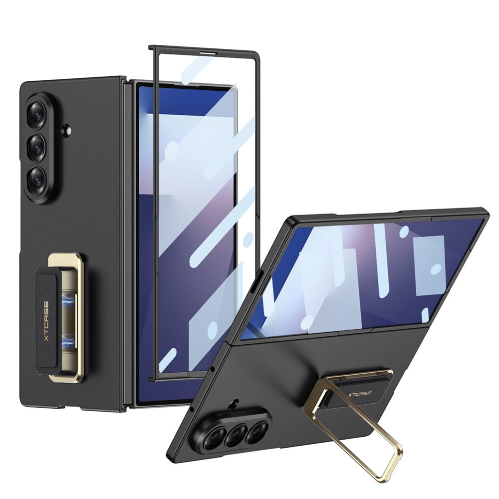 GKK For Samsung Galaxy Z Fold7 5G Case with Kickstand / Magnetic Strap PC Tempered Glass Phone Cover - Black