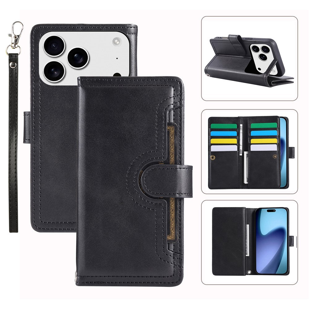 For iPhone 17 Pro Max Case Split Leather Magnetic Wallet Phone Protector with Wrist Strap - Black