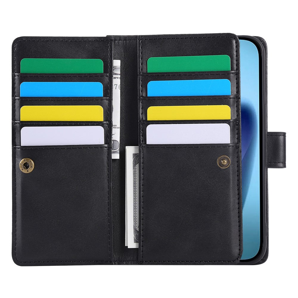 For iPhone 17 Pro Max Case Split Leather Magnetic Wallet Phone Protector with Wrist Strap - Black