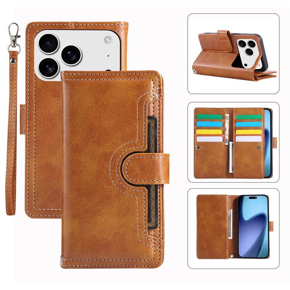 For iPhone 17 Pro Max Case Split Leather Magnetic Wallet Phone Protector with Wrist Strap - Brown