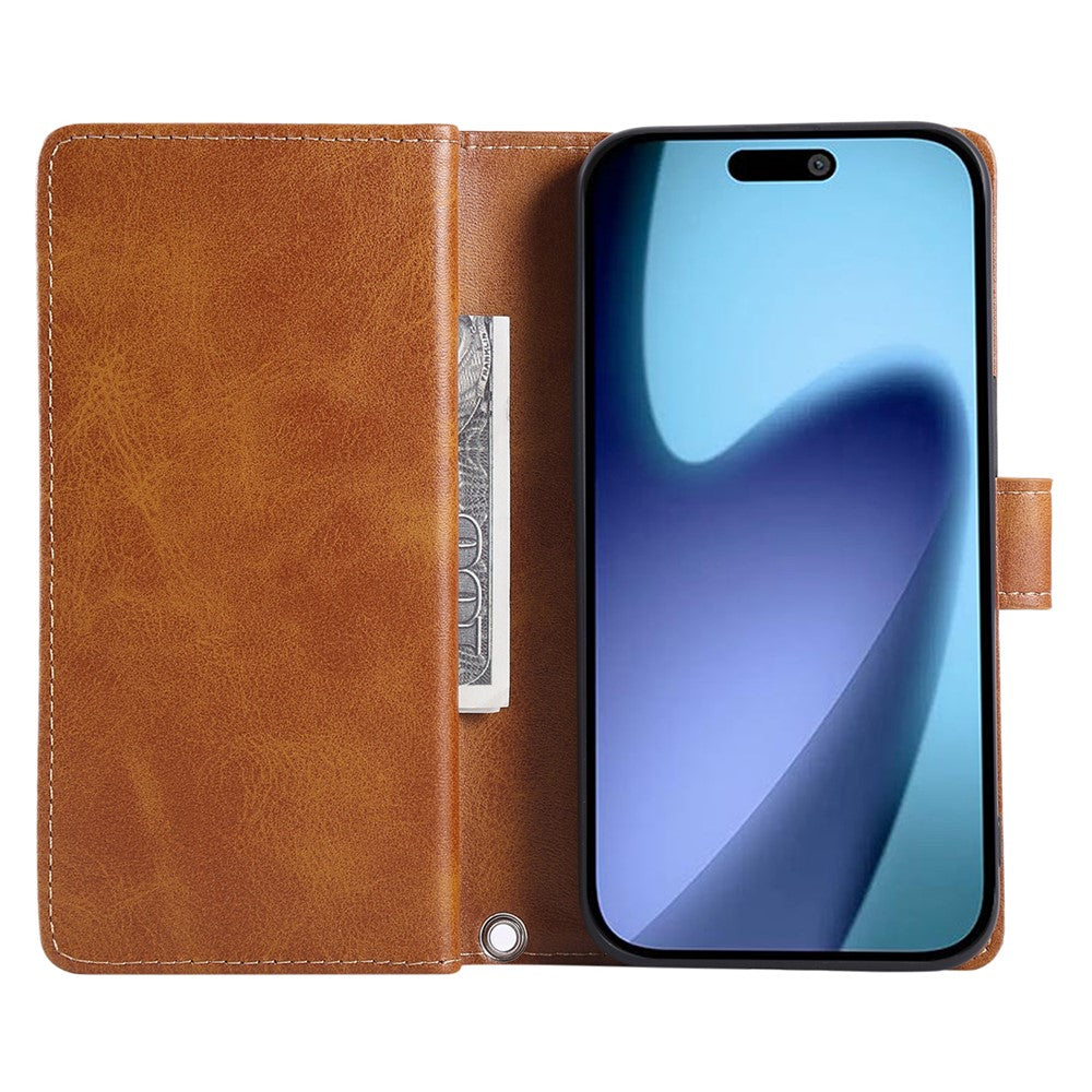 For iPhone 17 Pro Max Case Split Leather Magnetic Wallet Phone Protector with Wrist Strap - Brown