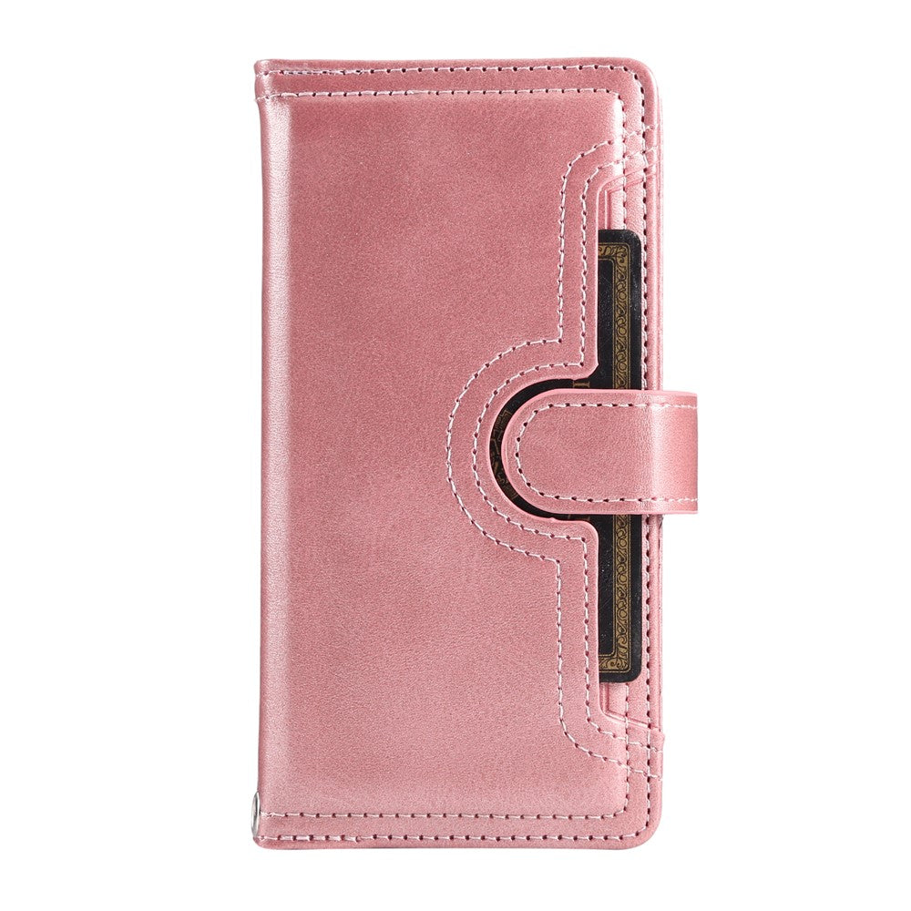 For iPhone 17 Pro Max Case Split Leather Magnetic Wallet Phone Protector with Wrist Strap - Rose Gold