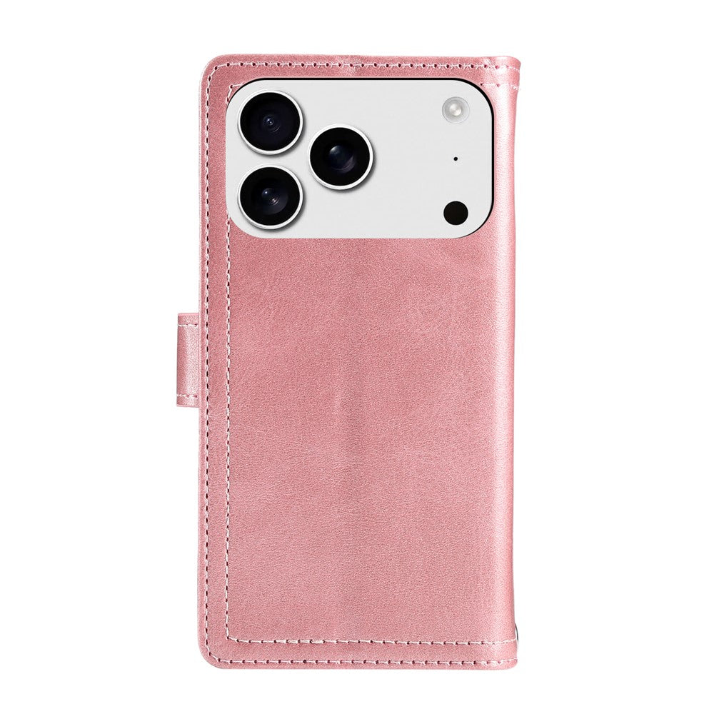 For iPhone 17 Pro Max Case Split Leather Magnetic Wallet Phone Protector with Wrist Strap - Rose Gold