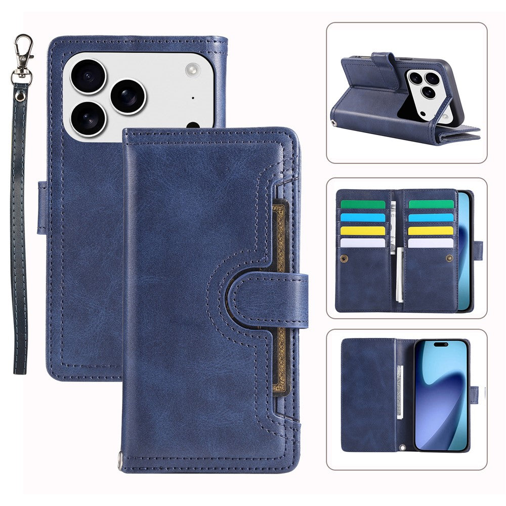 For iPhone 17 Pro Max Case Split Leather Magnetic Wallet Phone Protector with Wrist Strap - Blue