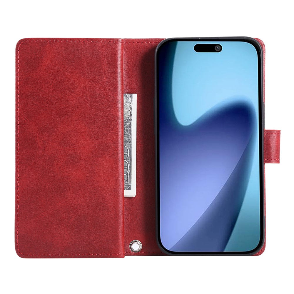 For iPhone 17 Pro Max Case Split Leather Magnetic Wallet Phone Protector with Wrist Strap - Red