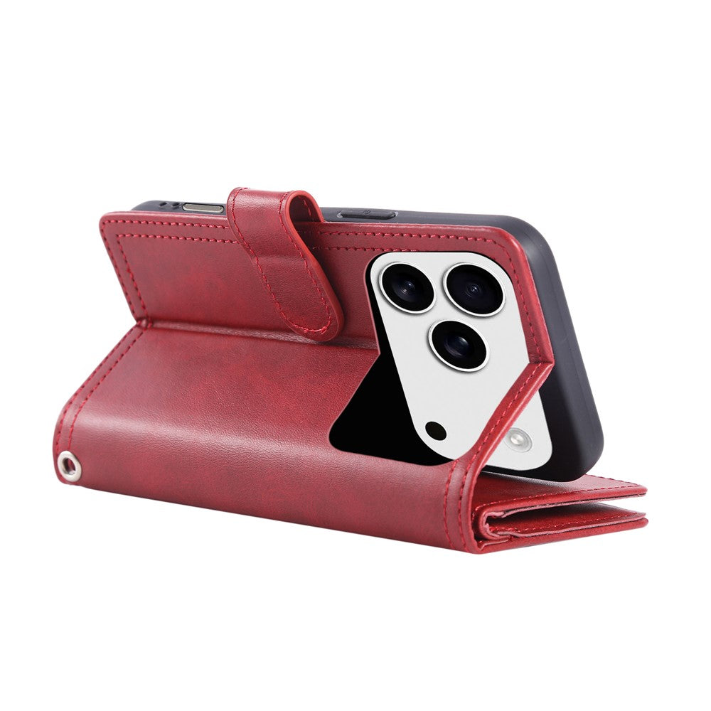 For iPhone 17 Pro Max Case Split Leather Magnetic Wallet Phone Protector with Wrist Strap - Red