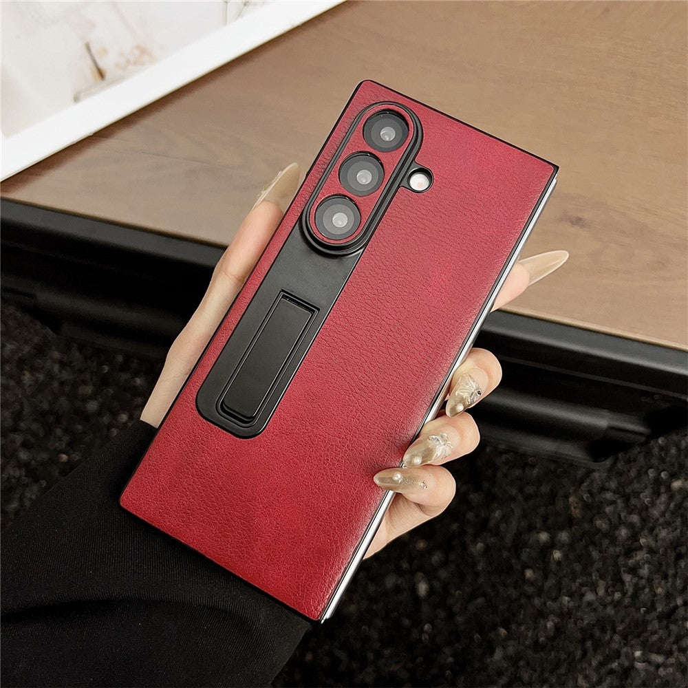For Samsung Galaxy Z Fold7 5G Case Kickstand Crazy Horse Texture PU Leather + PC Phone Cover - Red