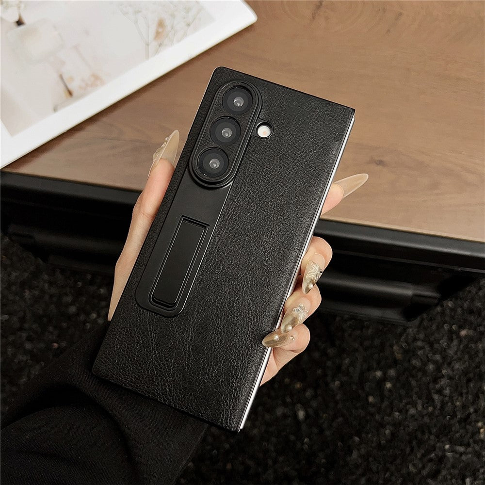For Samsung Galaxy Z Fold7 5G Case Kickstand Crazy Horse Texture PU Leather + PC Phone Cover - Black