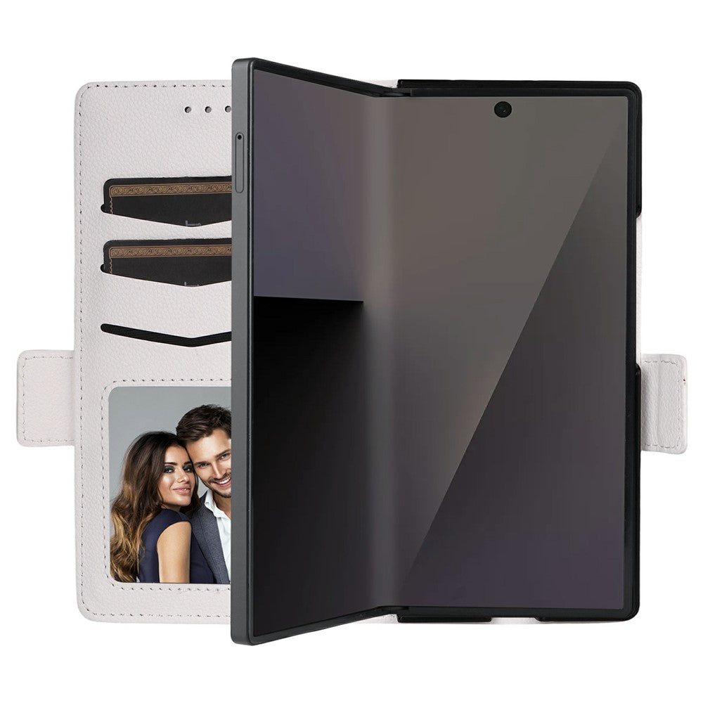 For Samsung Galaxy Z Fold7 5G Case with Wrist Strap Litchi Texture PU Leather Wallet Phone Cover - White