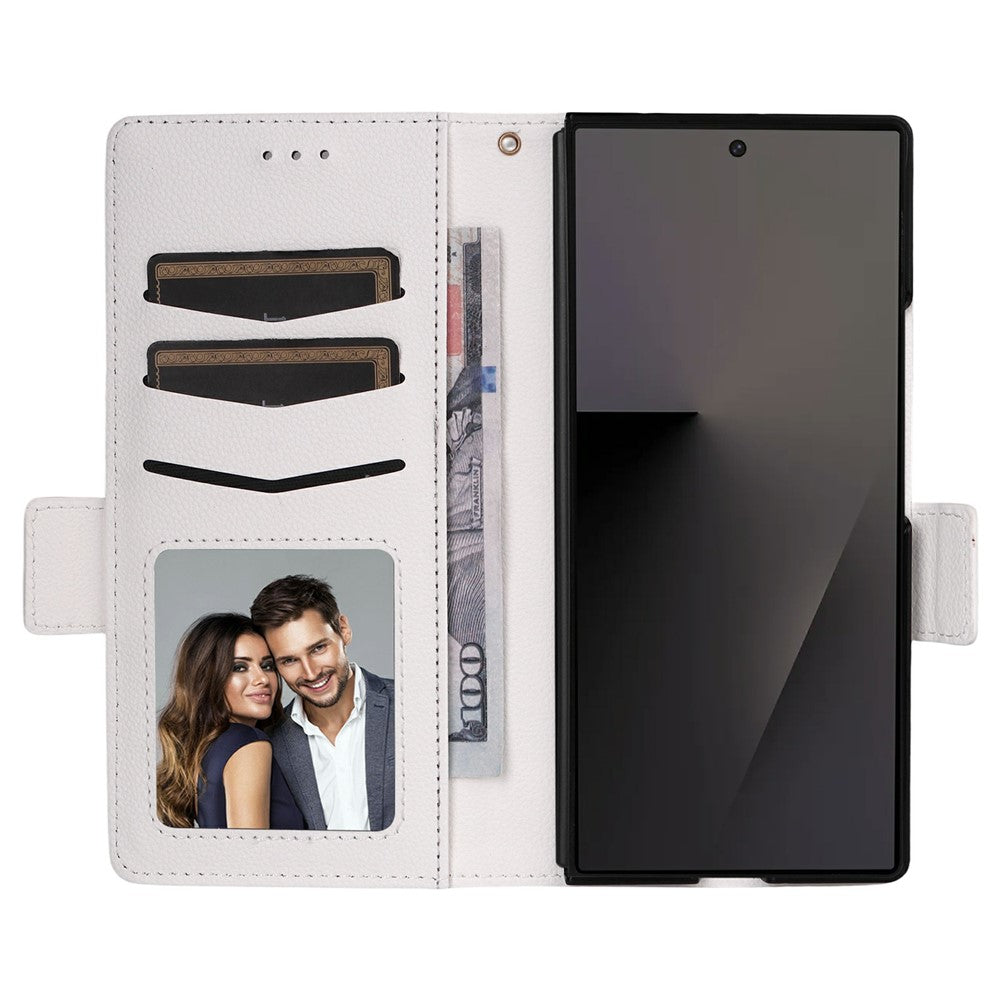 For Samsung Galaxy Z Fold7 5G Case with Wrist Strap Litchi Texture PU Leather Wallet Phone Cover - White