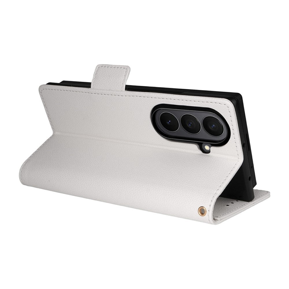 For Samsung Galaxy Z Fold7 5G Case with Wrist Strap Litchi Texture PU Leather Wallet Phone Cover - White