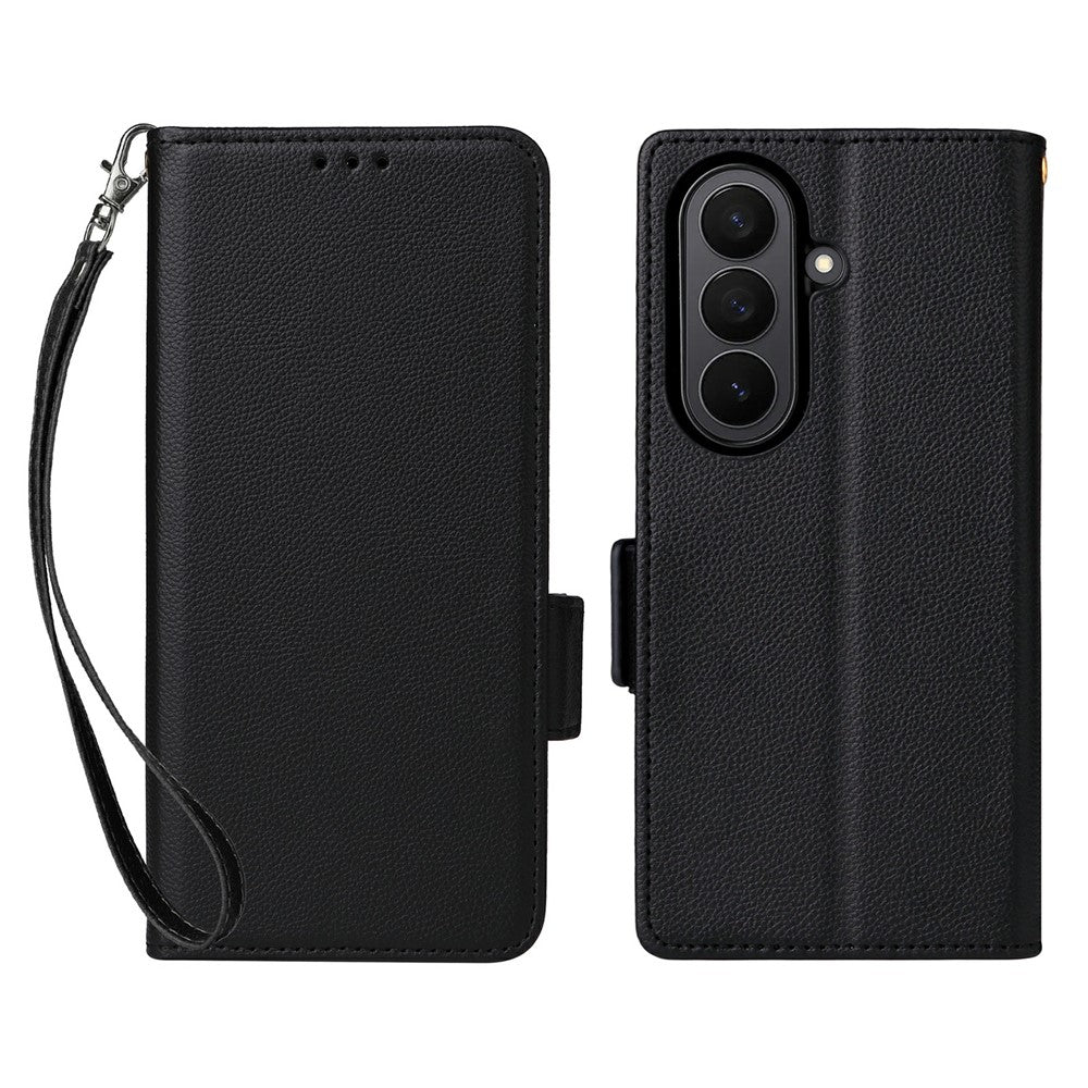 For Samsung Galaxy Z Fold7 5G Case with Wrist Strap Litchi Texture PU Leather Wallet Phone Cover - Black