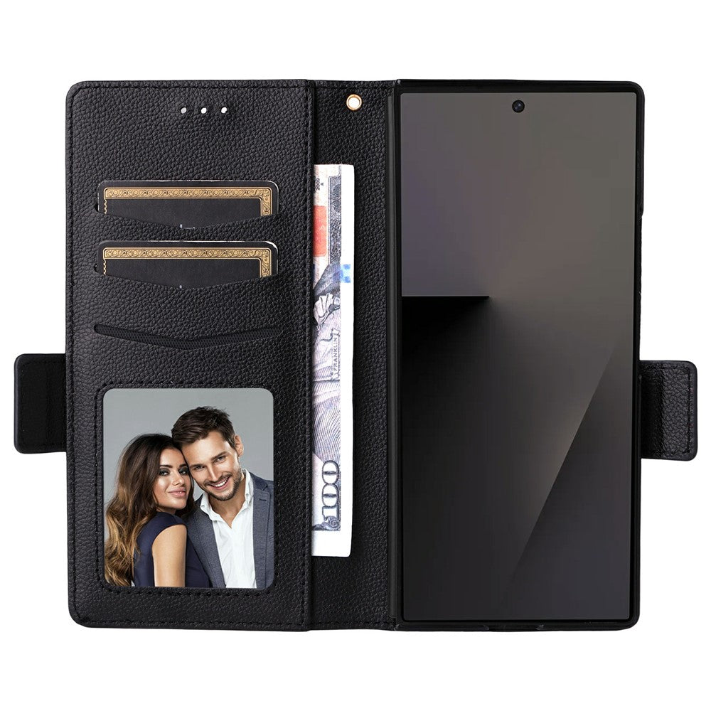 For Samsung Galaxy Z Fold7 5G Case with Wrist Strap Litchi Texture PU Leather Wallet Phone Cover - Black