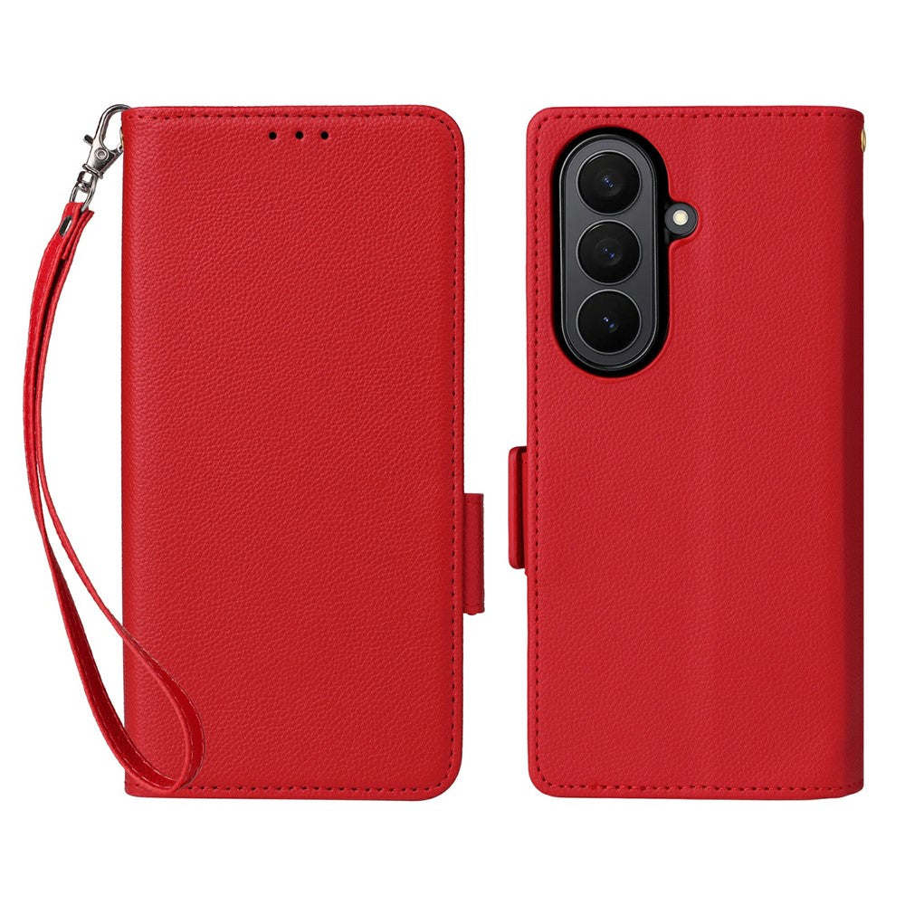 For Samsung Galaxy Z Fold7 5G Case with Wrist Strap Litchi Texture PU Leather Wallet Phone Cover - Red