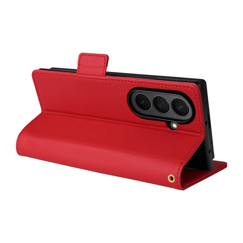 For Samsung Galaxy Z Fold7 5G Case with Wrist Strap Litchi Texture PU Leather Wallet Phone Cover - Red