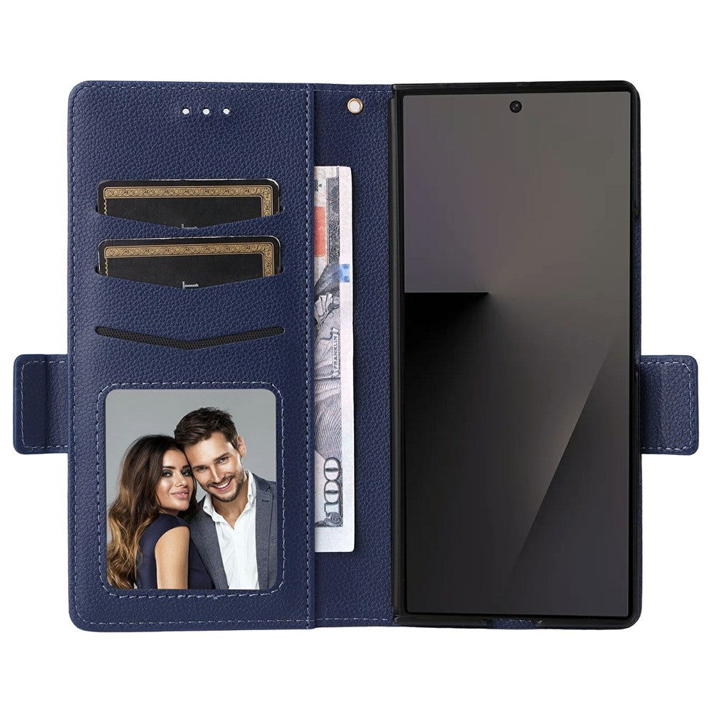 For Samsung Galaxy Z Fold7 5G Case with Wrist Strap Litchi Texture PU Leather Wallet Phone Cover - Dark Blue