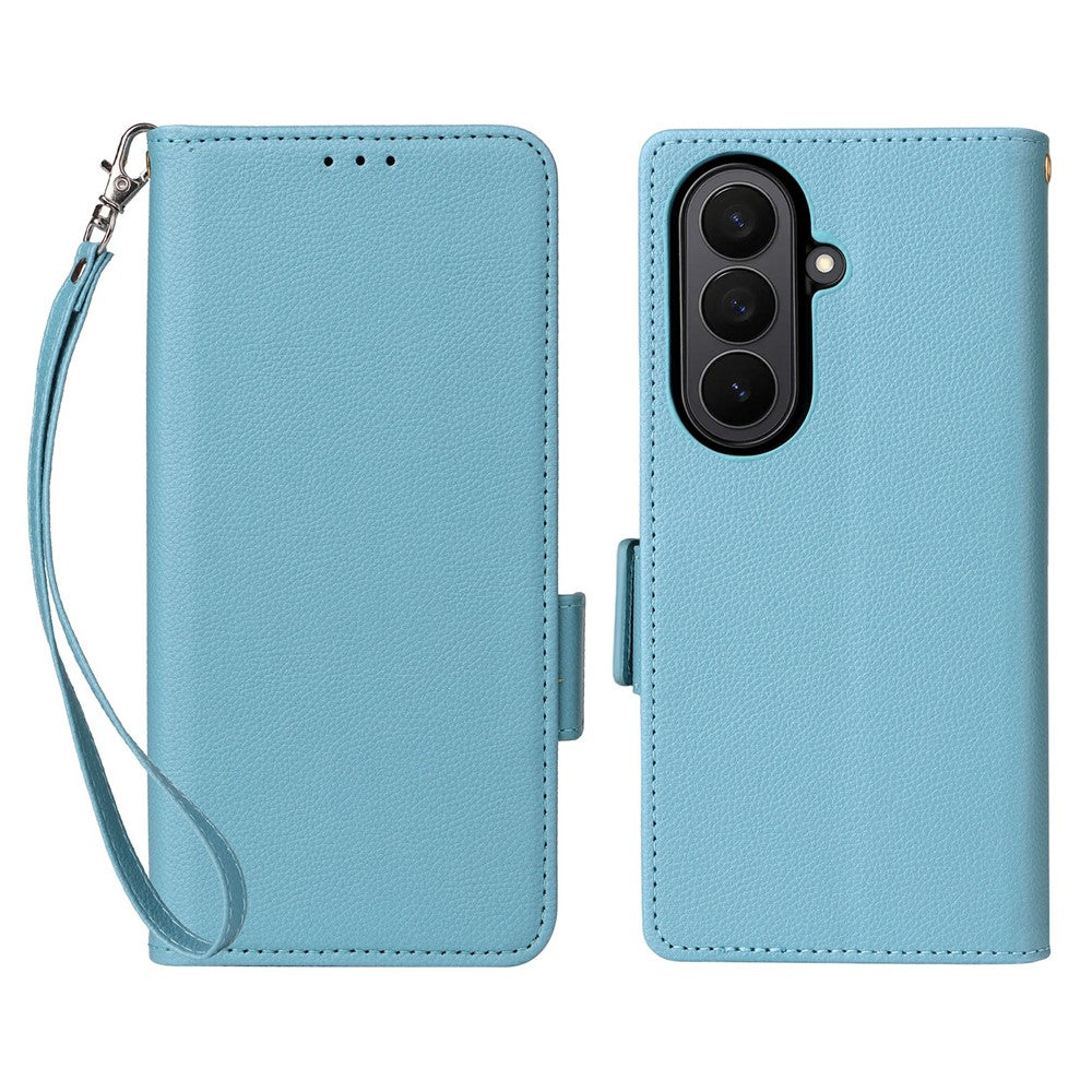 For Samsung Galaxy Z Fold7 5G Case with Wrist Strap Litchi Texture PU Leather Wallet Phone Cover - Baby Blue