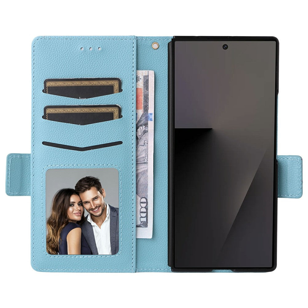 For Samsung Galaxy Z Fold7 5G Case with Wrist Strap Litchi Texture PU Leather Wallet Phone Cover - Baby Blue