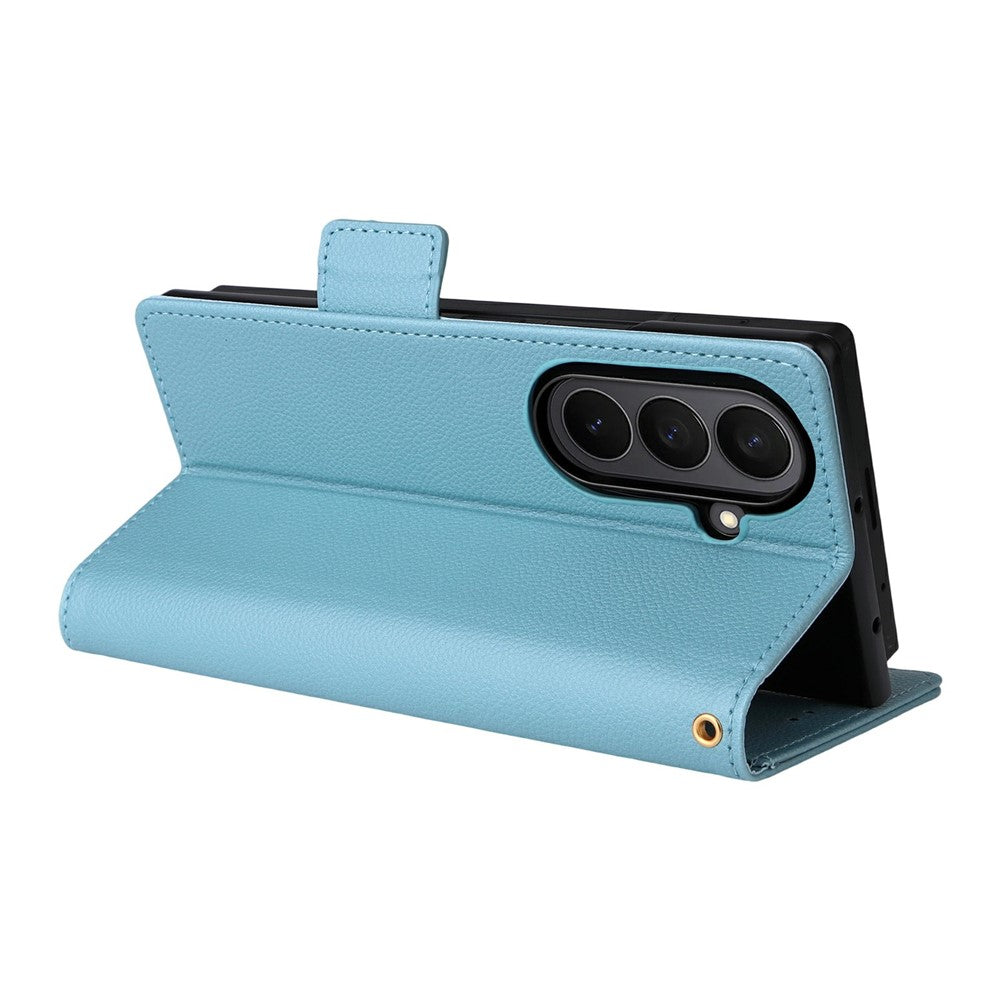 For Samsung Galaxy Z Fold7 5G Case with Wrist Strap Litchi Texture PU Leather Wallet Phone Cover - Baby Blue