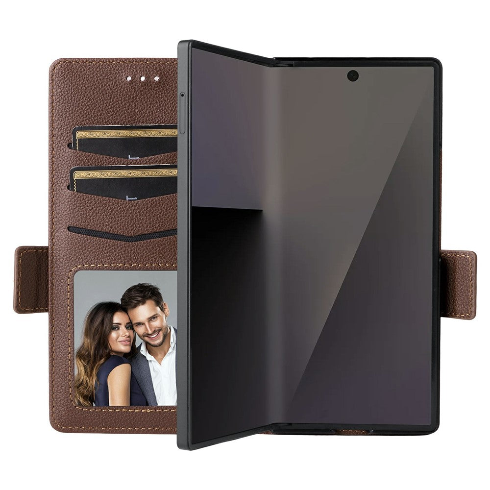 For Samsung Galaxy Z Fold7 5G Case with Wrist Strap Litchi Texture PU Leather Wallet Phone Cover - Brown
