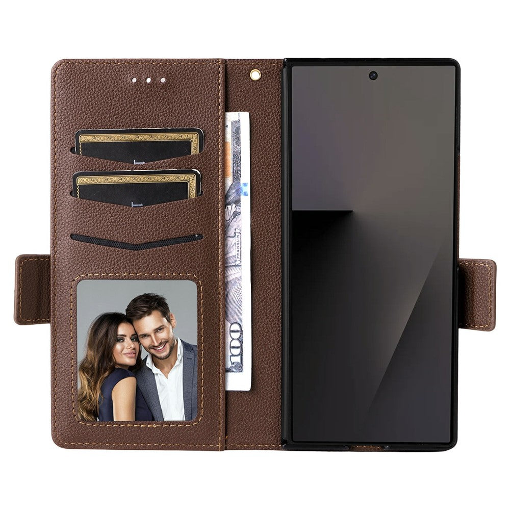 For Samsung Galaxy Z Fold7 5G Case with Wrist Strap Litchi Texture PU Leather Wallet Phone Cover - Brown