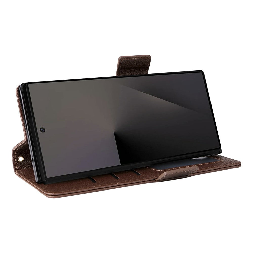 For Samsung Galaxy Z Fold7 5G Case with Wrist Strap Litchi Texture PU Leather Wallet Phone Cover - Brown