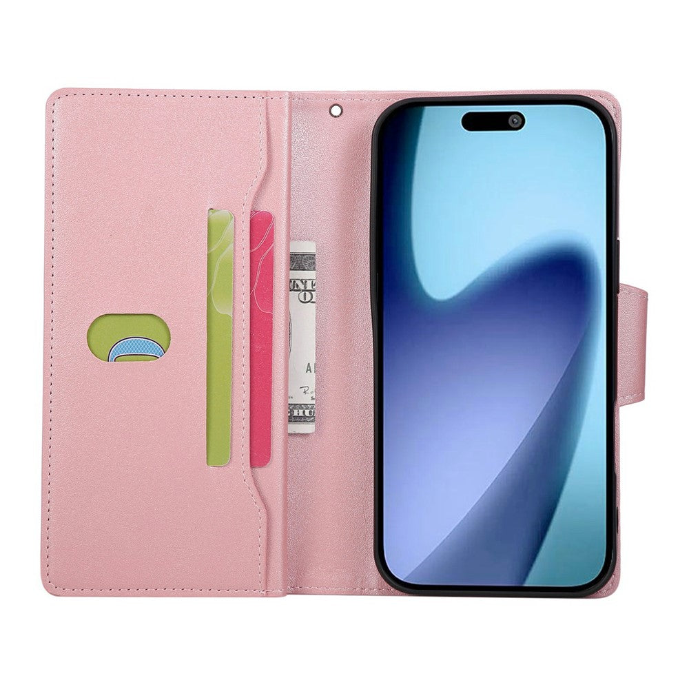 For iPhone 17 Pro Max Case Zipper Wallet Rivet Decor Leather Phone Cover with Wrist Strap - Rose Gold