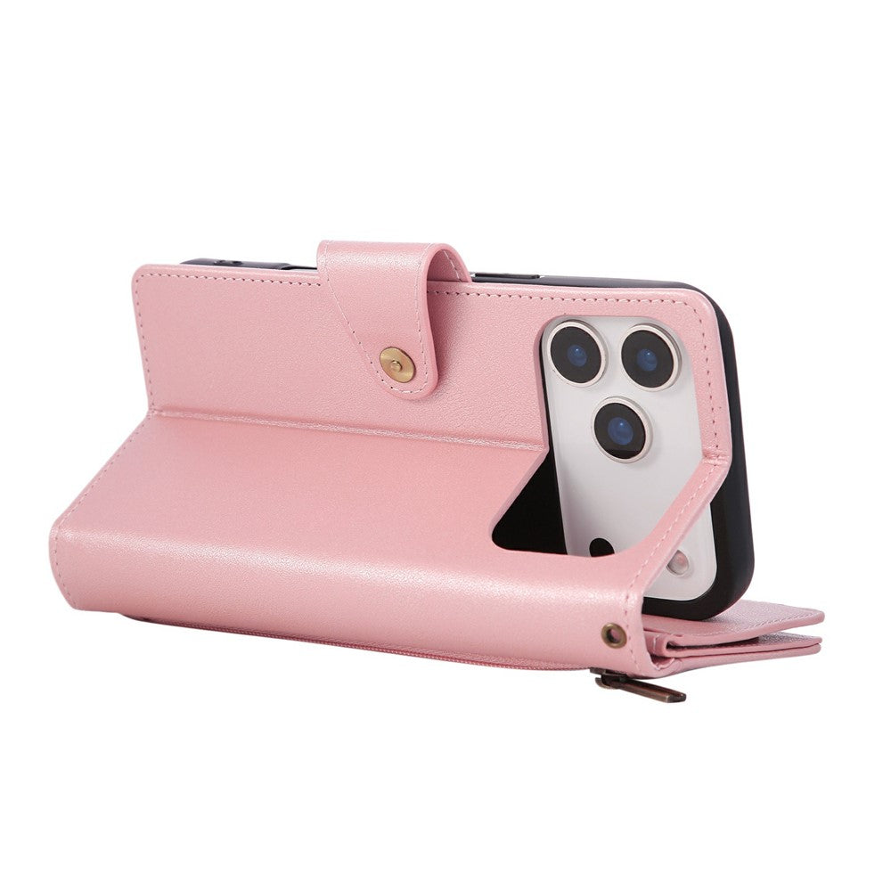 For iPhone 17 Pro Max Case Zipper Wallet Rivet Decor Leather Phone Cover with Wrist Strap - Rose Gold