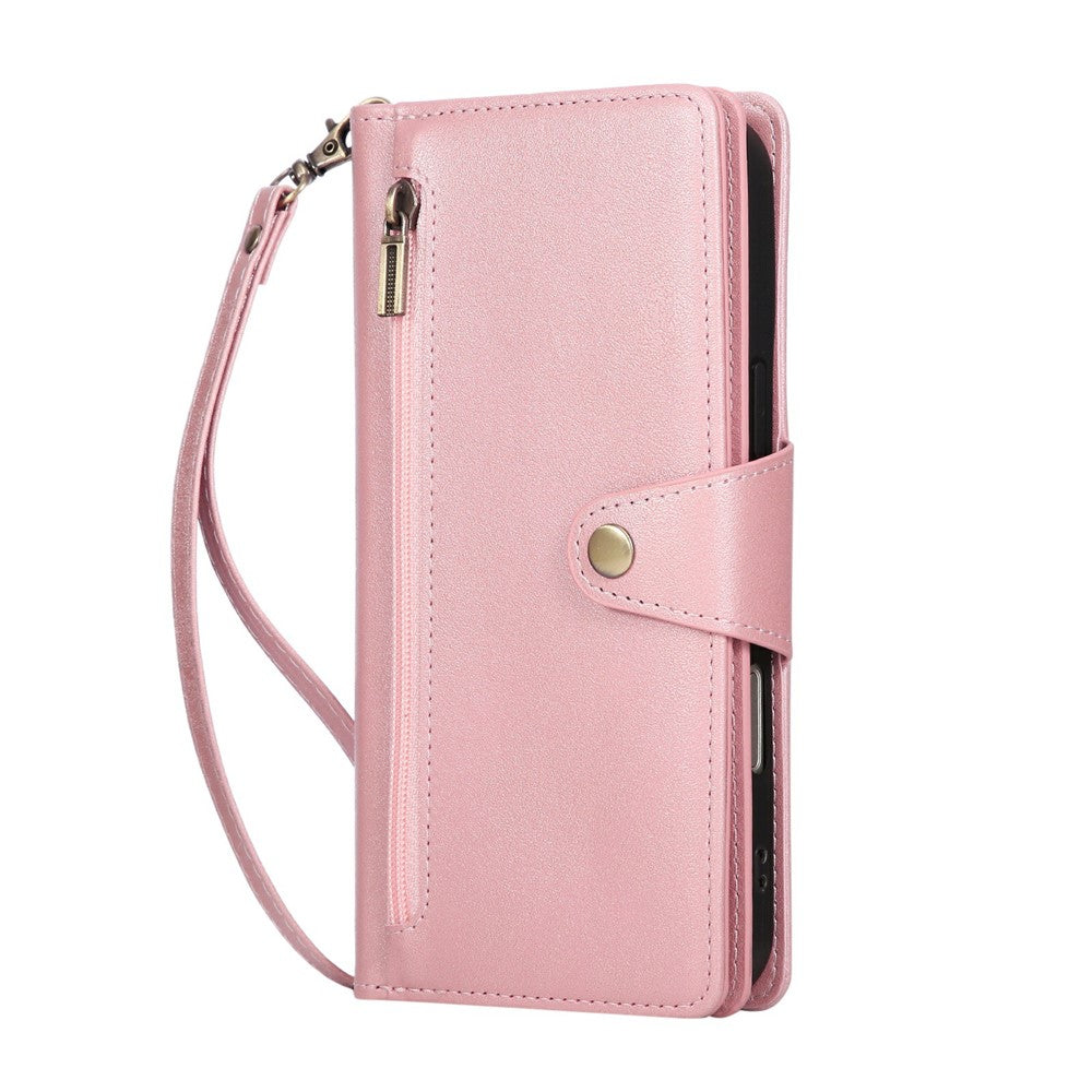 For iPhone 17 Pro Max Case Zipper Wallet Rivet Decor Leather Phone Cover with Wrist Strap - Rose Gold