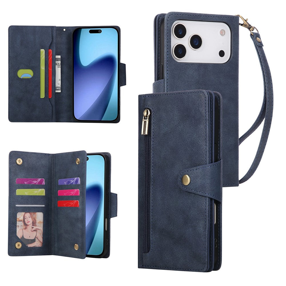 For iPhone 17 Pro Max Case Zipper Wallet Rivet Decor Leather Phone Cover with Wrist Strap - Blue