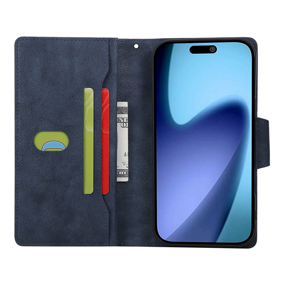 For iPhone 17 Pro Max Case Zipper Wallet Rivet Decor Leather Phone Cover with Wrist Strap - Blue