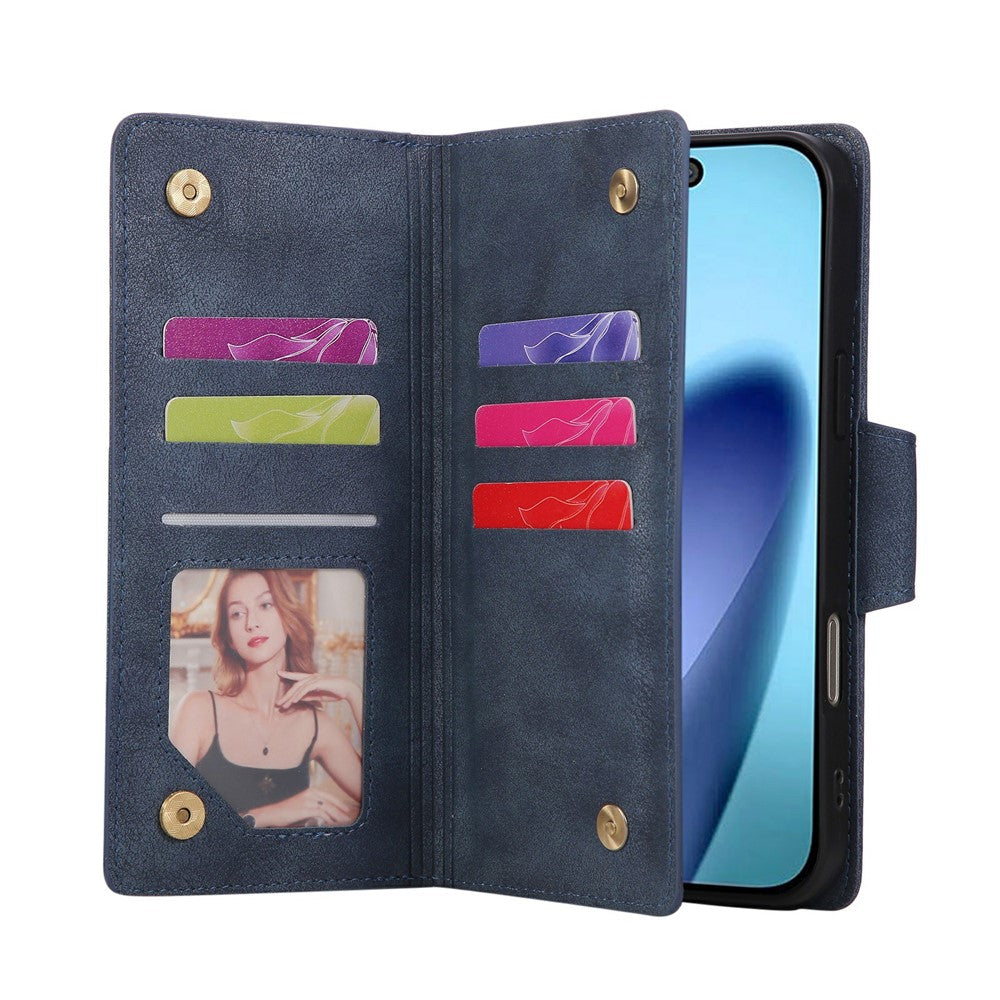 For iPhone 17 Pro Max Case Zipper Wallet Rivet Decor Leather Phone Cover with Wrist Strap - Blue