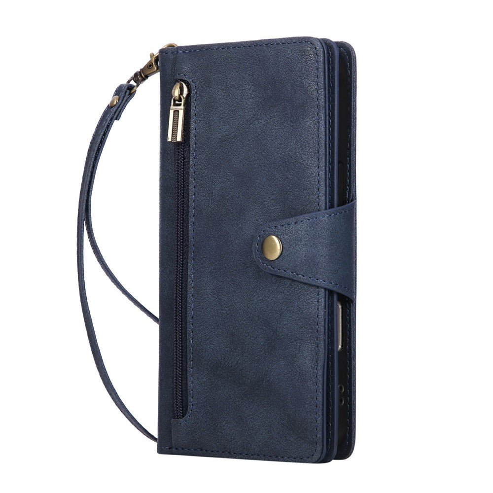 For iPhone 17 Pro Max Case Zipper Wallet Rivet Decor Leather Phone Cover with Wrist Strap - Blue