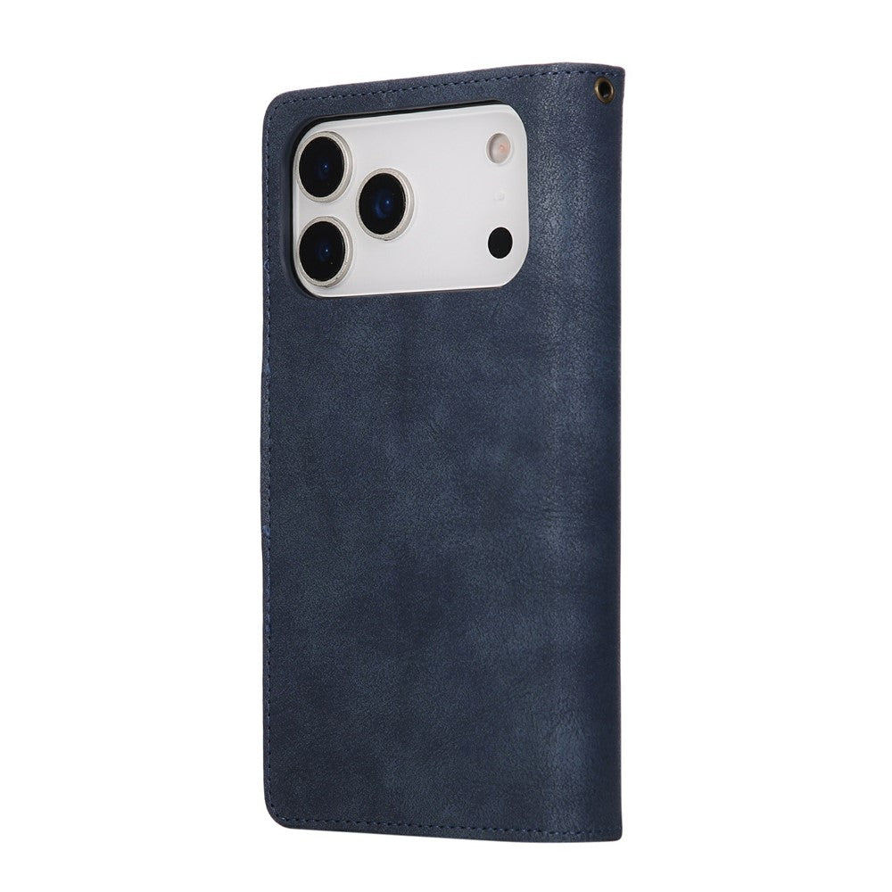 For iPhone 17 Pro Max Case Zipper Wallet Rivet Decor Leather Phone Cover with Wrist Strap - Blue