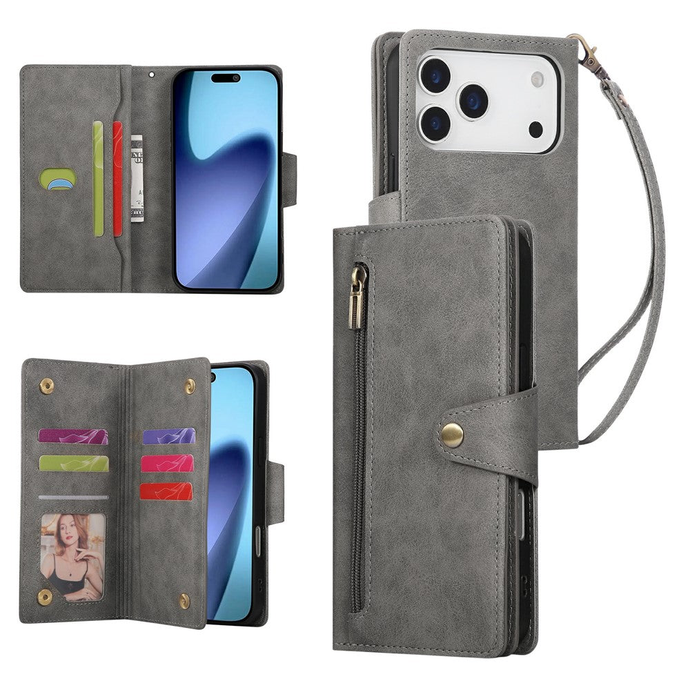 For iPhone 17 Pro Max Case Zipper Wallet Rivet Decor Leather Phone Cover with Wrist Strap - Grey