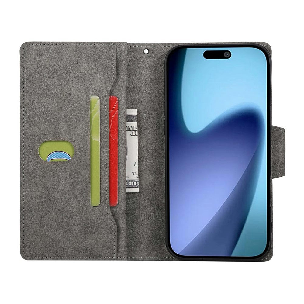 For iPhone 17 Pro Max Case Zipper Wallet Rivet Decor Leather Phone Cover with Wrist Strap - Grey